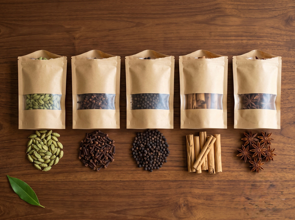 Kerala spices in kraft pouches: green cardamom, cloves, black pepper, cinnamon and star anise